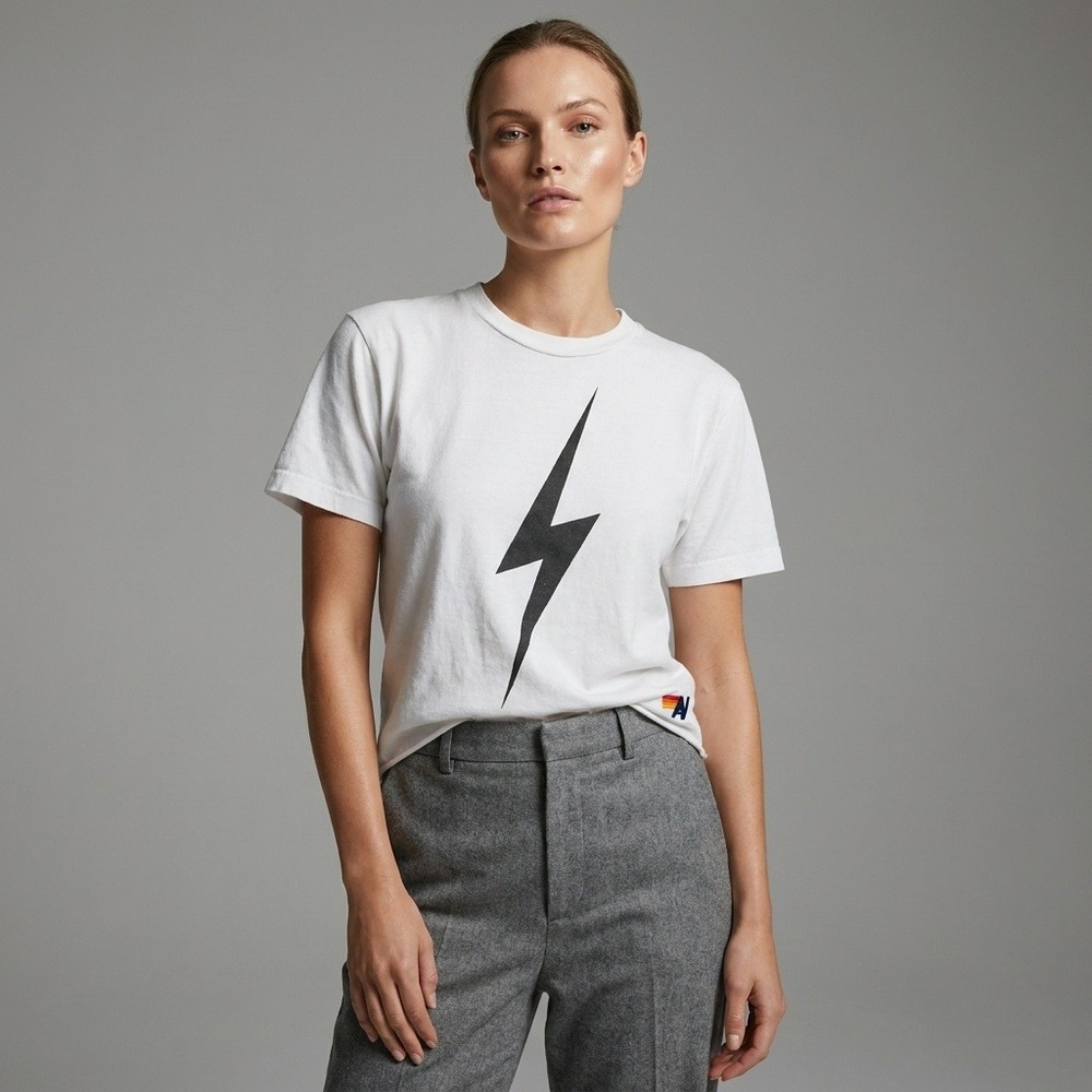 Aviator Nation Womens White Lightning Bolt Graphic T-Shirt Raw Hem XS USA Made